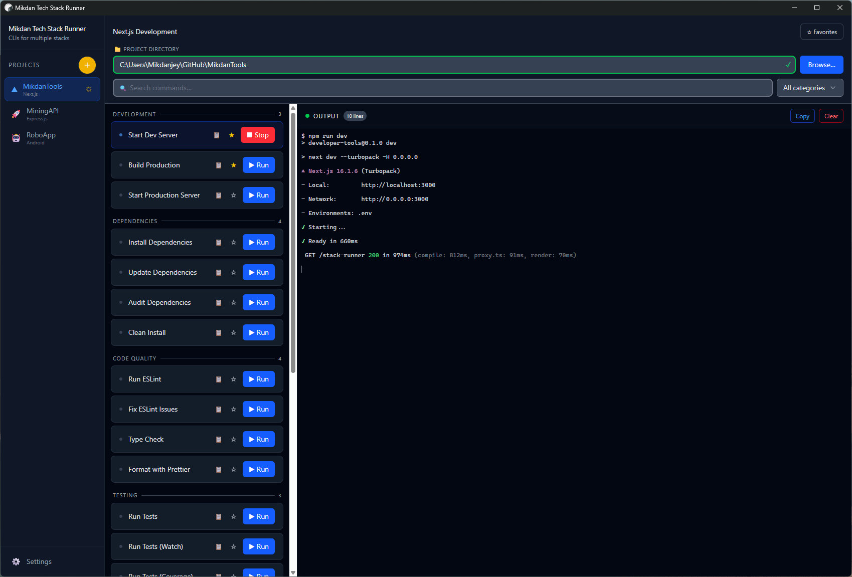 Stack Runner dashboard showing active dev environment with running processes