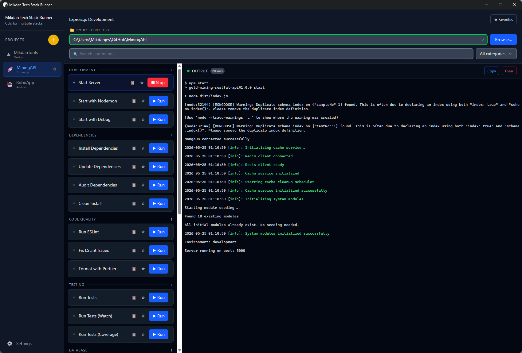 Stack Runner stack profiles list showing Node.js, Python, and Go profiles