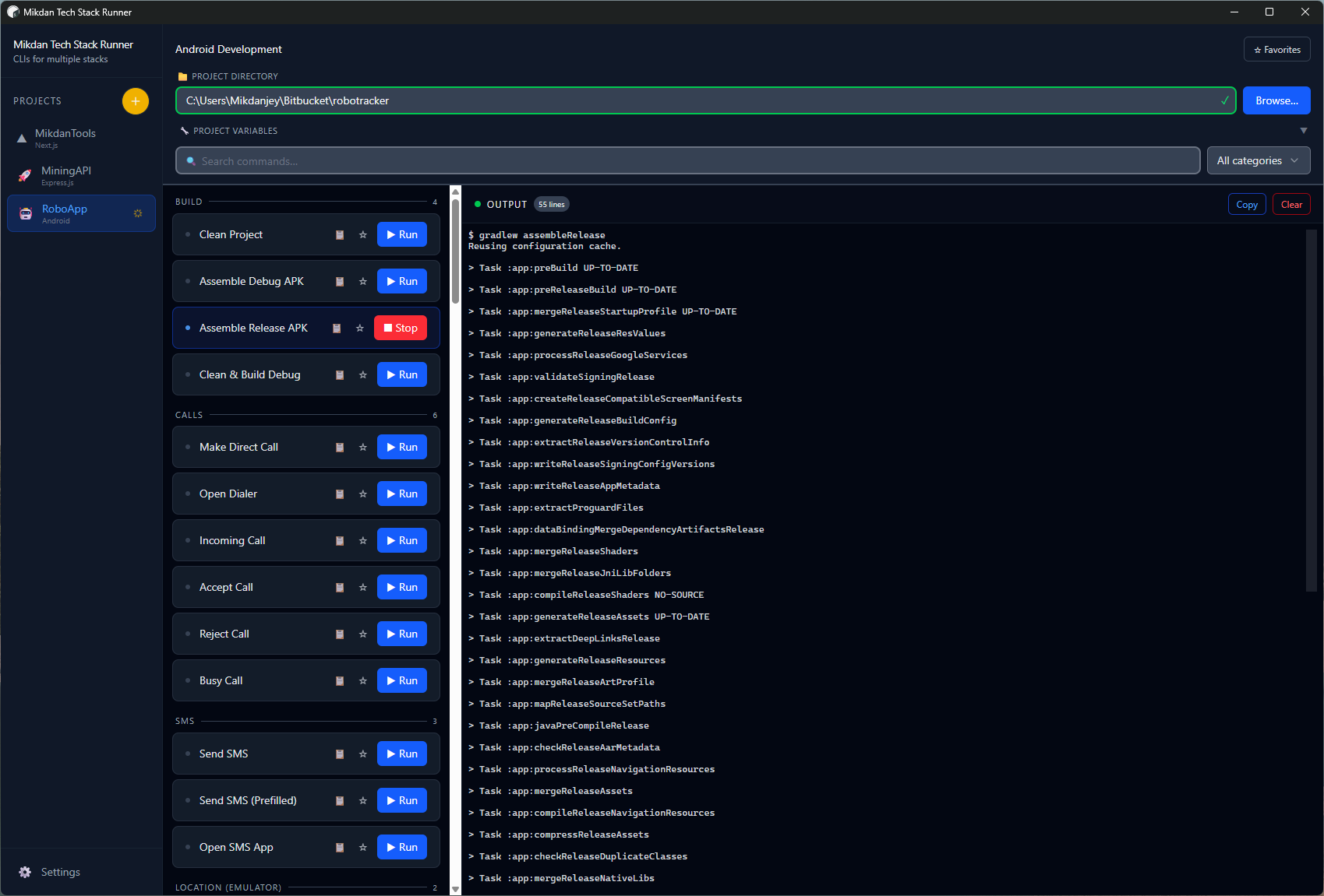 Stack Runner live process monitor displaying CPU and memory usage